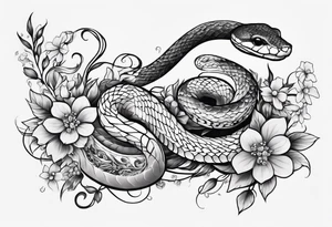 small snake with flowers and vines extending up and down tattoo idea