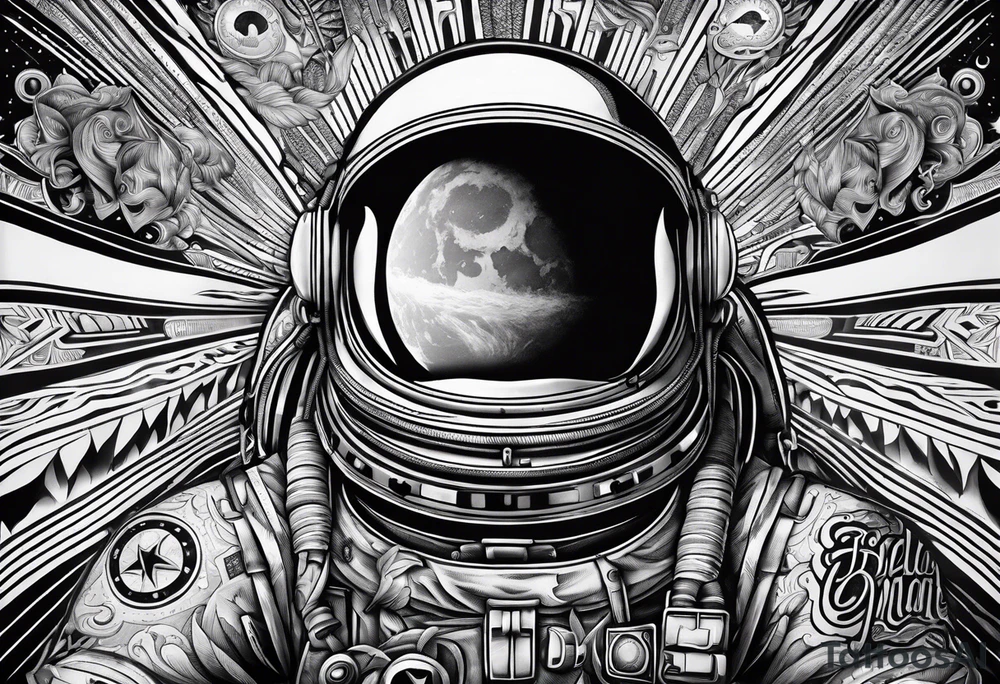 Craft an intricate black and white tattoo design inspired by the themes and imagery from Ray Bradbury's "Cosmonaut" and the poignant lyrics of Elton John's "Rocket Man." tattoo idea