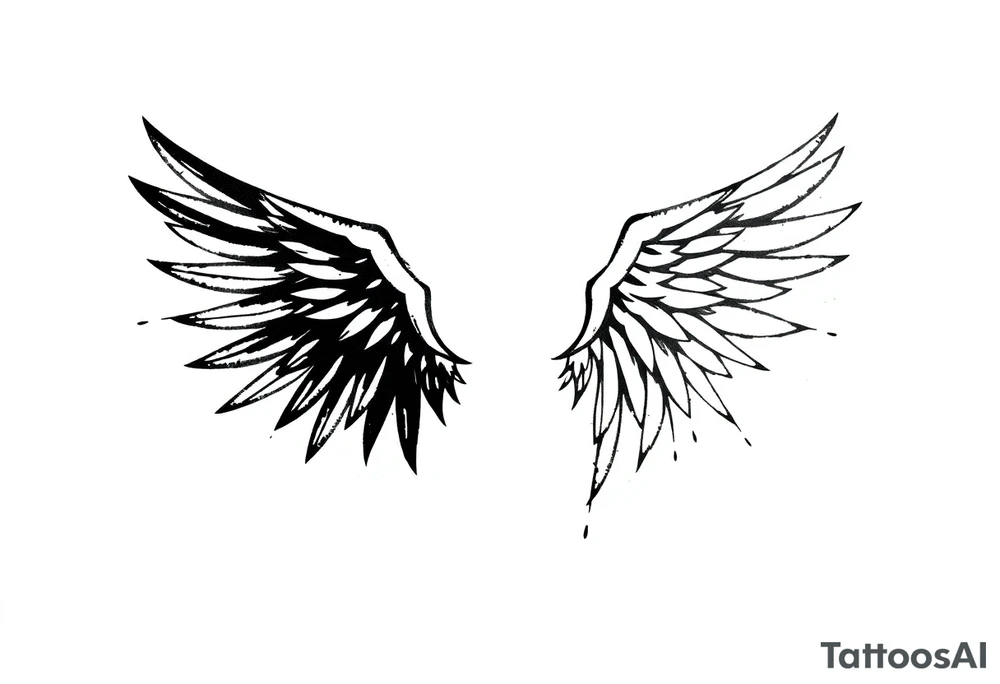 This tattoo design features a pair of asymmetrical angel wings drawn in black ink with a rough, sketch-like style. The left wing is darker, more defined, and appears denser, while the right wing is lighter, more delicate, and fragmented, creating a contrast between the two. The feathers are sharp and irregular, with fine lines and stray strokes extending outward, adding a raw and artistic feel. The overall look is dynamic and slightly chaotic, giving the impression of movement or an unfinished, ethereal form. This design symbolizes duality, freedom, transformation, or even struggle, making it a meaningful and visually striking tattoo. tattoo idea