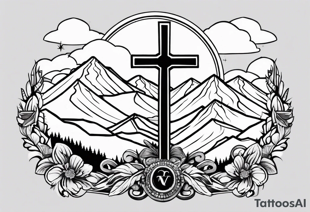 Cross with Mountains and the word "Cala" that is simple and small tattoo idea