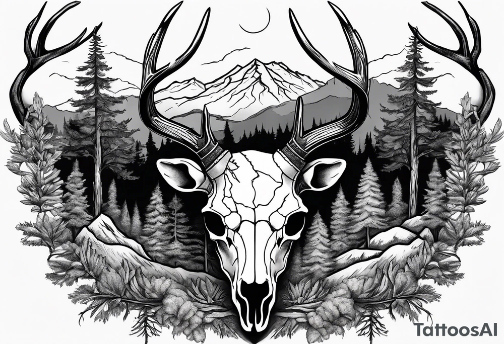 deer skull mountain trees tattoo idea