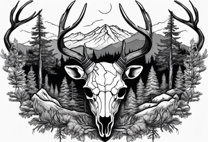 deer skull mountain trees tattoo idea