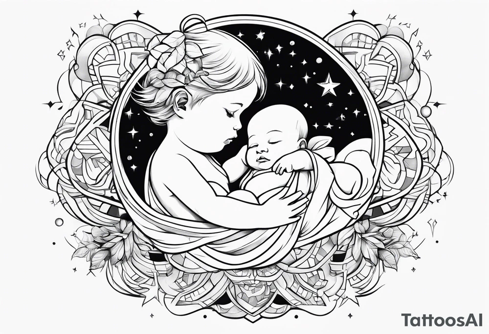 Design a tattoo representing birth of a baby boy connected to universe tattoo idea