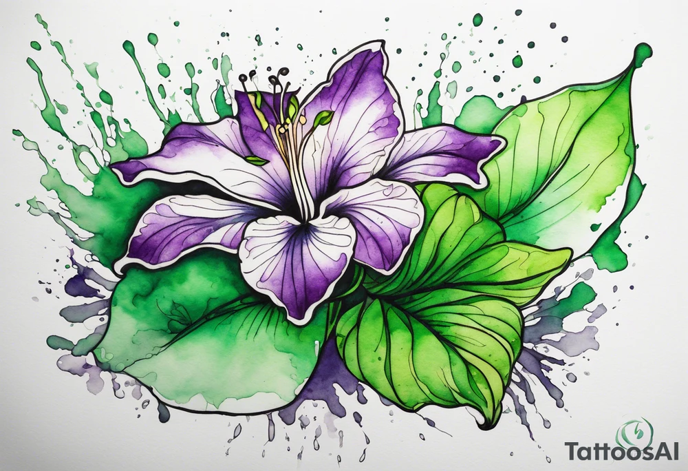 An outline of a green rio dipladenia flower and a green and purple watercolor splash in the background tattoo idea