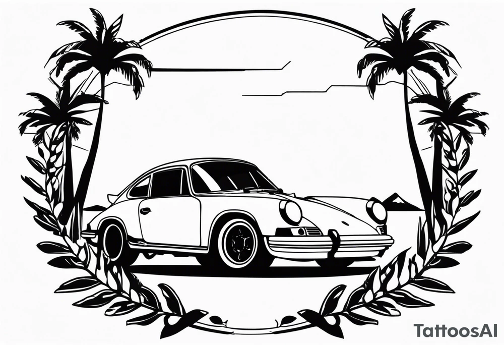 laurel wreath with porsche car inside and palm tree tattoo idea