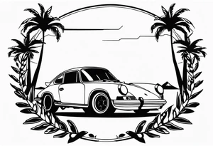 laurel wreath with porsche car inside and palm tree tattoo idea