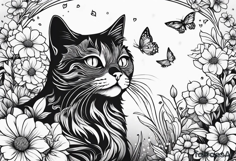 Cat looking up at a cardinal bird surrounded by flowers tattoo idea Cat looking up at a cardinal bird surrounded by flowers tattoo idea
