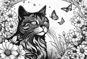 Cat looking up at a cardinal bird surrounded by flowers tattoo idea