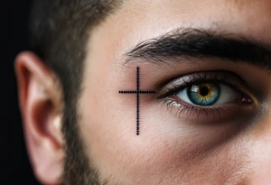 A simple dot-style cross binked in deep black under the other eye on man face under a man’s right eye. tattoo idea