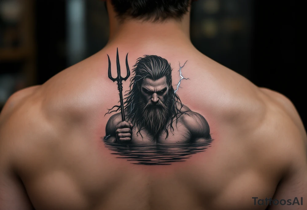 fit poseidon, behind a trident, with lightning, in calm water tattoo idea