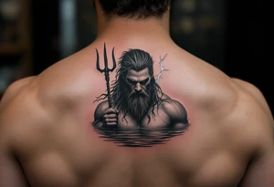 fit poseidon, behind a trident, with lightning, in calm water tattoo idea