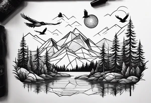 Geometric nature tattoo with moutains, lake, forest, birds and a moon. Tattoo needs to be the size of a forearm. tattoo idea