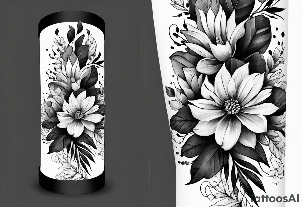 Verticle arm wrap of soft flowers and leaves forearm tattoo idea