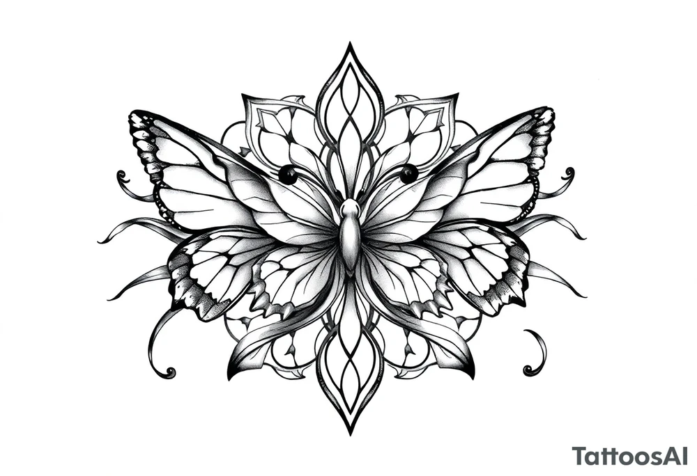 ethereal butterflies with flowing silk ribbons in geometric mandala tattoo idea