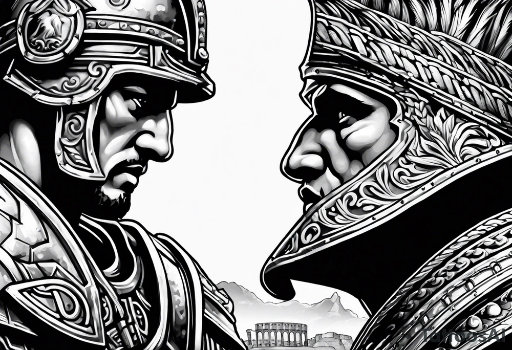 Side profile of spartan soilder looking at Roman colosseum tattoo idea