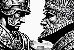 Side profile of spartan soilder looking at Roman colosseum tattoo idea