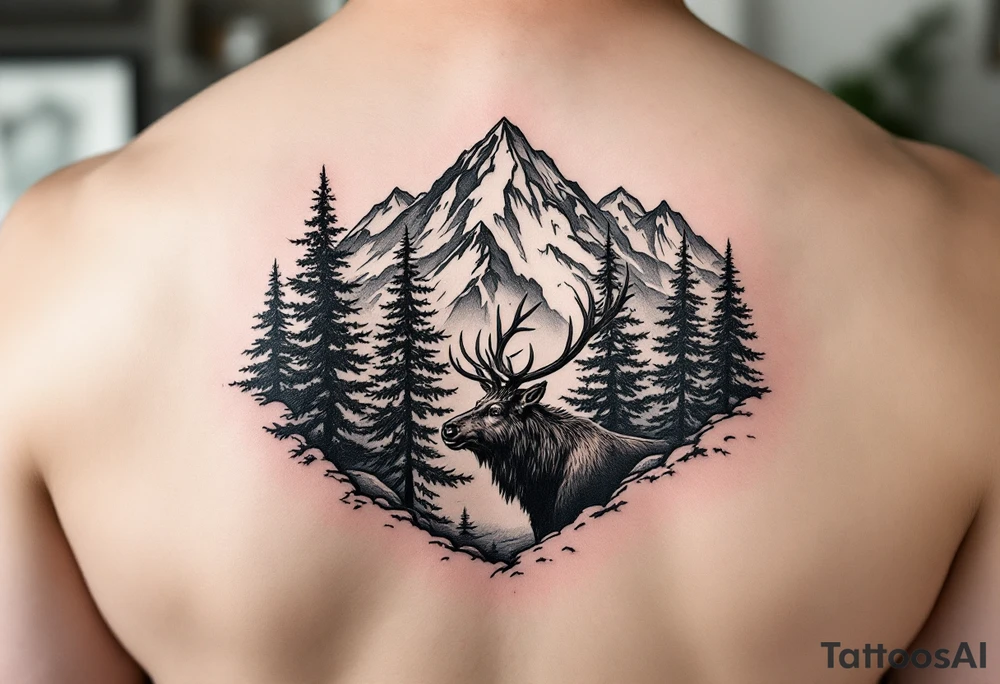 mountain scene with evergreen trees and foreground bull elk at base tattoo idea