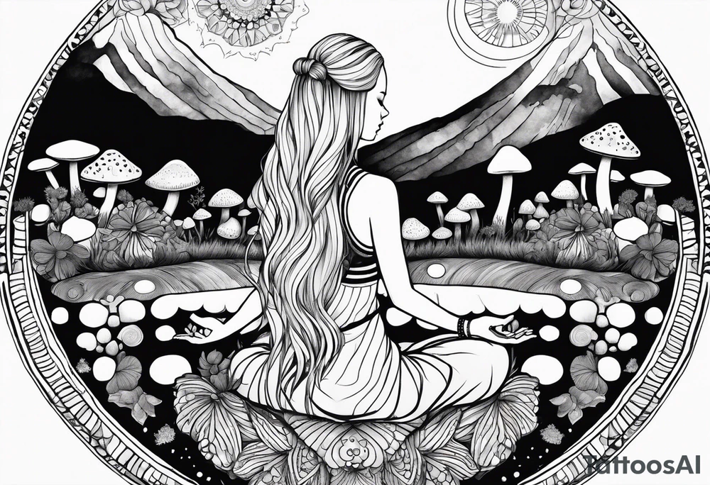 Straight blonde hair girl meditating facing away toward mountains surrounded by mushrooms crescent moon mandala circular design black and white striped dress tattoo idea