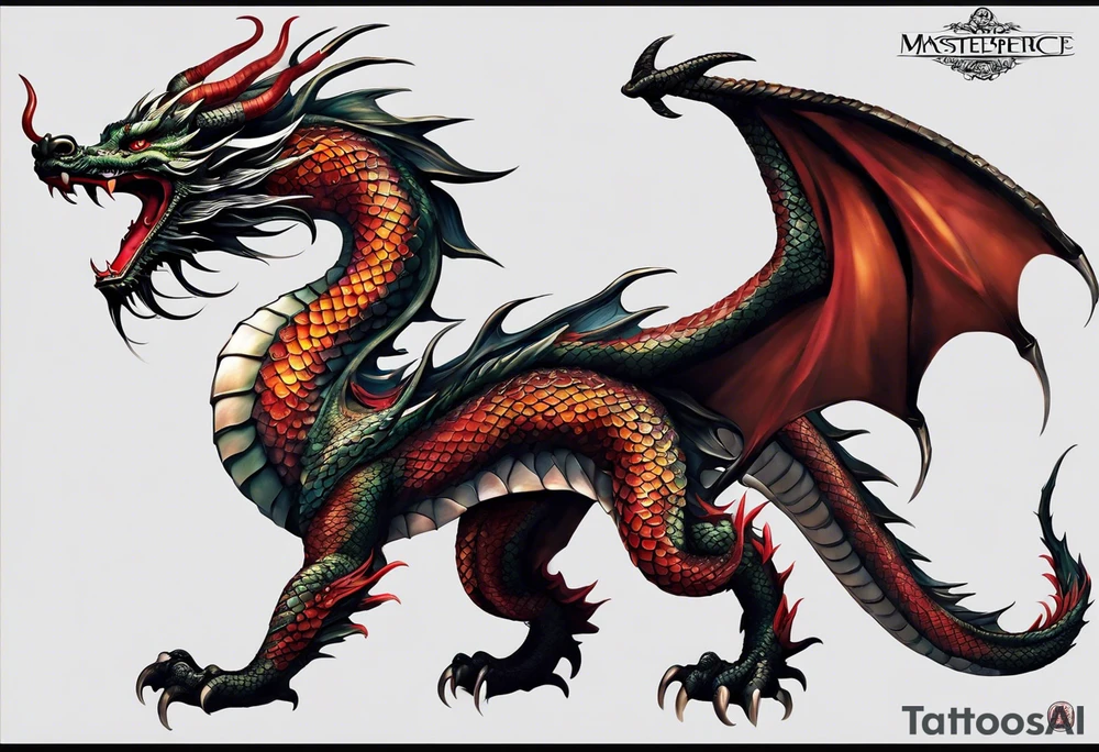 An epic floating asian dragon. Its long body coiling dynamically, with scales and horns detailed to create a sense of movement and strength. The dragon's color is giving a vibrant depth and a mystical aura. This tattoo highlights the dragon’s fierce expression and sharp claws. tattoo idea