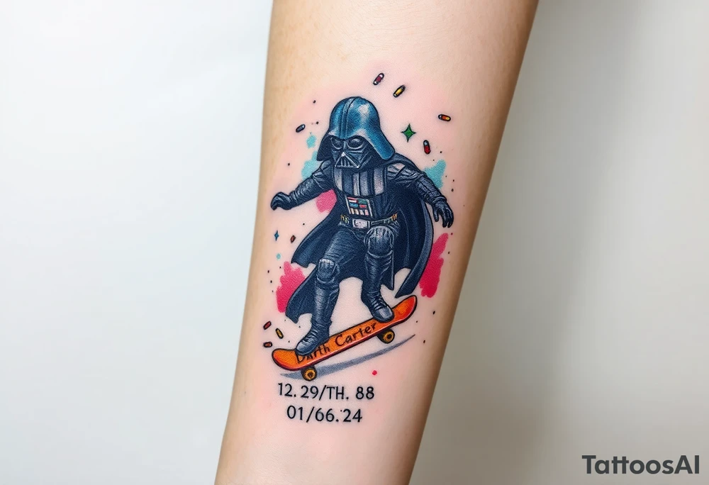 Darth Vader skateboarding > bullets > in loving memory > colors
add words "Darth Carter" to skateboard
add date 12/29/88-01/06/24 tattoo idea