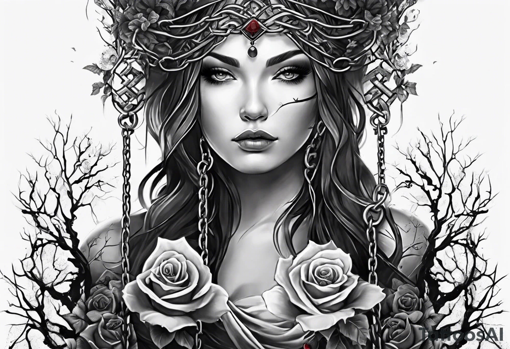 tattoo fool sleeve, tree roots break out of the chains, broken mask, girl, roses tattoo idea