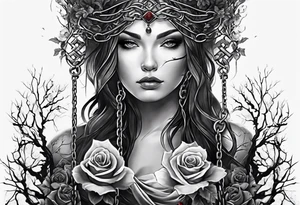 tattoo fool sleeve, tree roots break out of the chains, broken mask, girl, roses tattoo idea