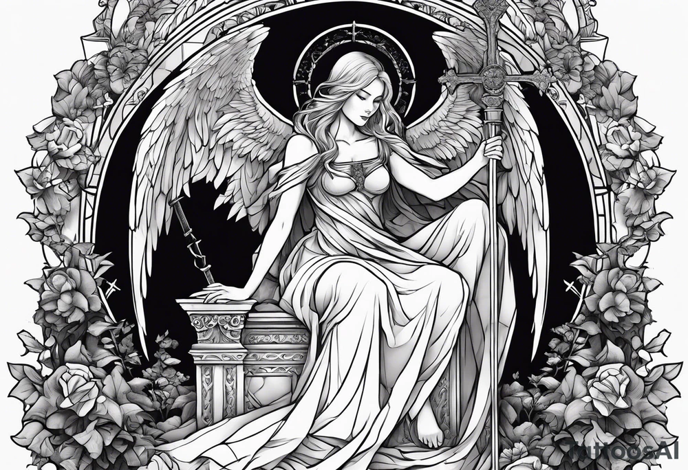 girl angel sitting in a throne with a staff with a cross at the top, a devil laying on the ground by the angels feet being stabbed in the chest by the staff tattoo idea