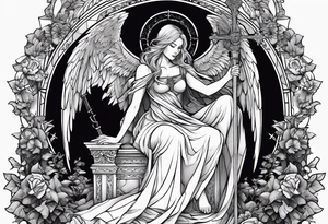 girl angel sitting in a throne with a staff with a cross at the top, a devil laying on the ground by the angels feet being stabbed in the chest by the staff tattoo idea