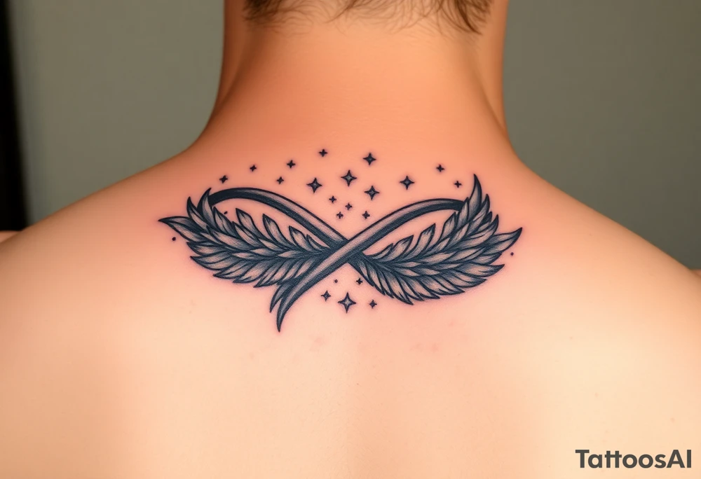 infinity symbol woven with floating feathers and stardust tattoo idea