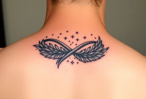 infinity symbol woven with floating feathers and stardust tattoo idea