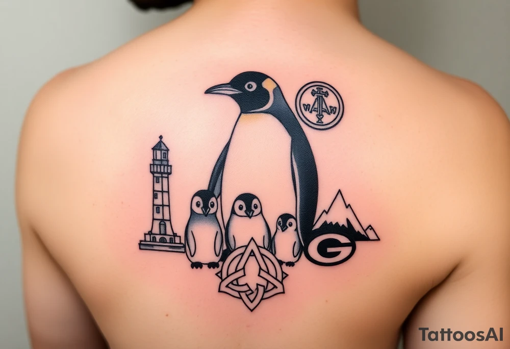 compilation outlining important things in my life such as one adult emperor penguin and 3 baby penguins, celtic trinity knot, lighthouse, mountains/nature, the green bay packers, and something to represent my 3 boys tattoo idea