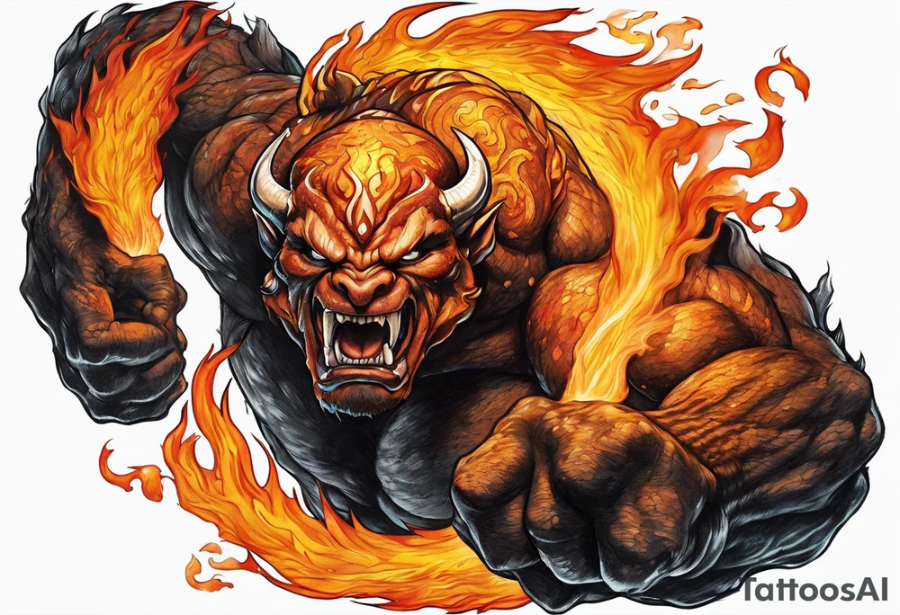 Balrog from lord of the rings flexing, wreathed in flame tattoo idea