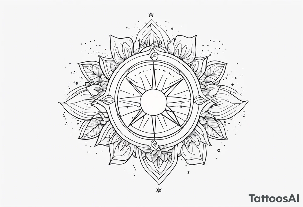 fine line with sun, stars, floral, dots. Sternum tattoo tattoo idea
