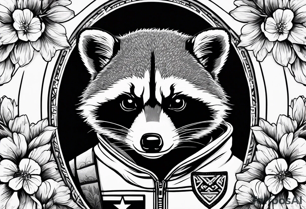 raccoon wearing a black and white Superman hoodie and orange Japanese cherry blossoms tattoo idea