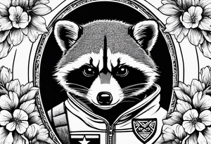 raccoon wearing a black and white Superman hoodie and orange Japanese cherry blossoms tattoo idea