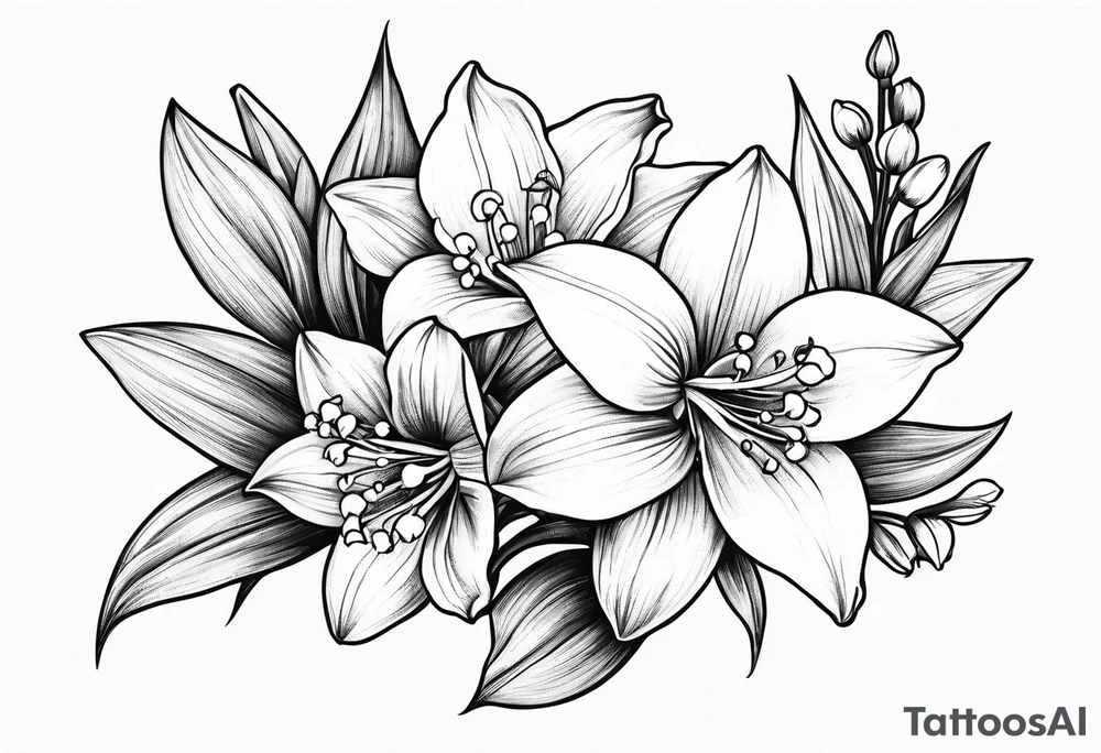 Small lily of the valley flower, small larkspur flower, small narcissus flower tattoo idea