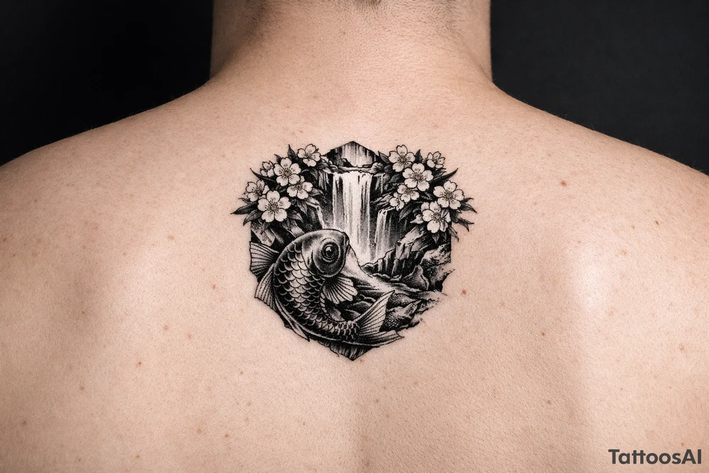 Cherry blossoms, waterfall, koi tattoo idea