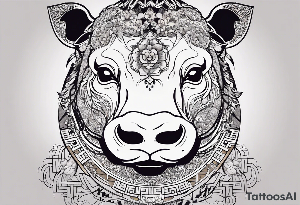 Very asymmetrical, +geometric pattern, with realistic full moon, with serious looking hippo, +zen feel, + Buddhism touch, +tribal, +geometric, +chinese inkart 
with wintersweet flower bud, +portrait orientation, +inkart touch, tattoo idea