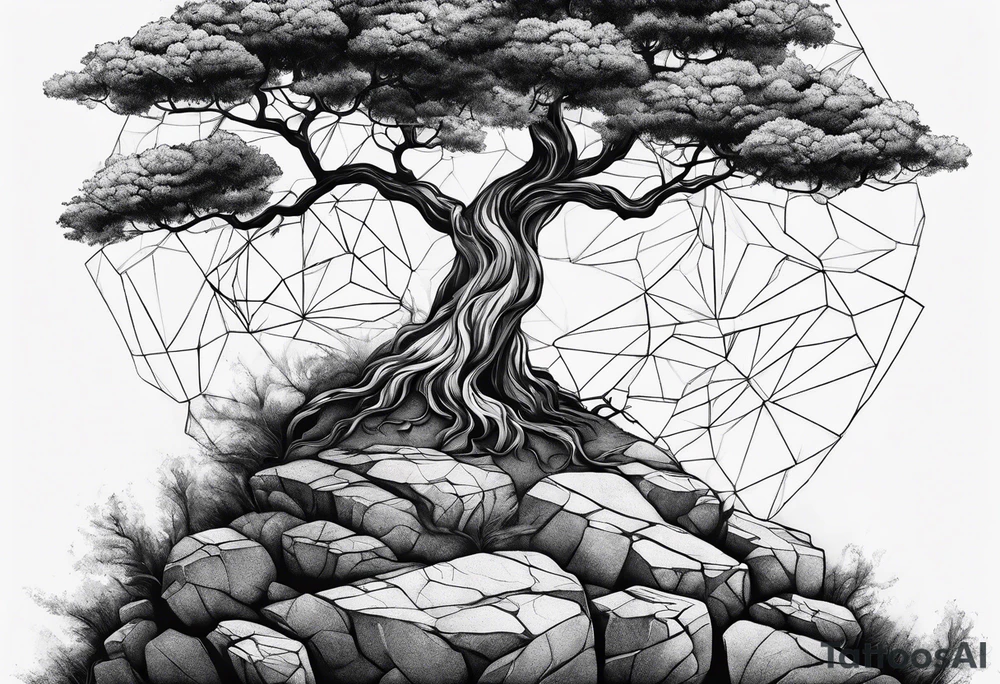 Tree growing out of stone cliff with roots growing in between cracks tattoo idea