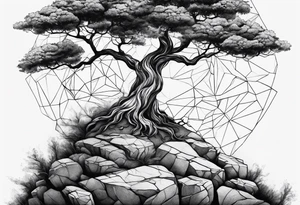 Tree growing out of stone cliff with roots growing in between cracks tattoo idea
