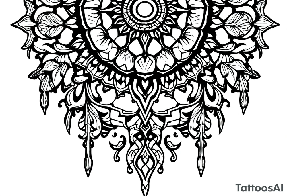mystical long ornament tattoo with shaman and witch style and ancient rhyme tattoo idea