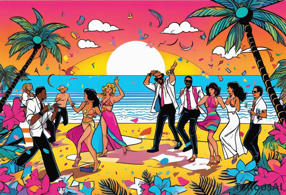1980's miami vice style beach dance 
party, include confetti, music notes, boom box, bikinis sunset in the center tattoo idea