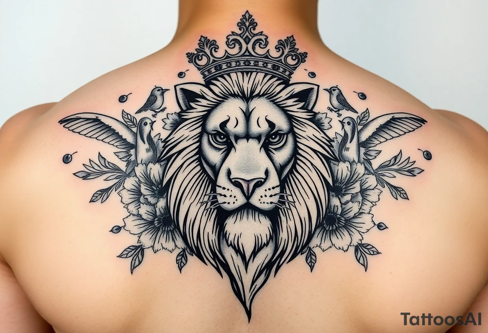 powerful majestic lion with a crown, surrounded by floral ornaments and birds tattoo idea