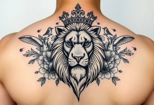 powerful majestic lion with a crown, surrounded by floral ornaments and birds tattoo idea