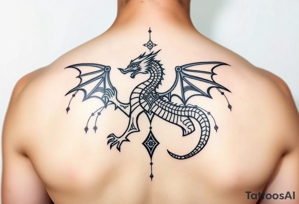 A symbolic back tattoo featuring a creative mystic tribal-style dragon, incorporating Amazigh (Berber) symbols for strength, freedom, and identity. The design should reflect themes of transformation, grounding, and soul direction, resonating with a journey of inner rebirth and spiritual embodiment. Style: fine linework, sacred geometry, tribal influence, and dotwork. Ink: black or dark brown. tattoo idea