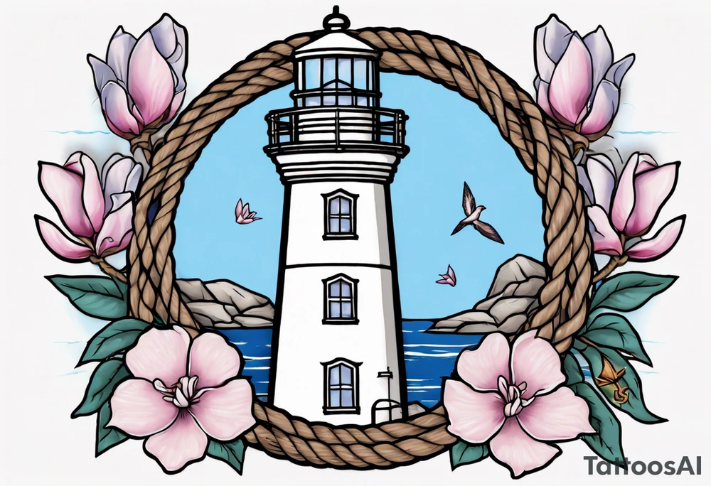 Sailor Jerry tattoo of a light house bordered by magnolia flowers and rope. Behind the light house is a periwinkle blue cancer awareness ribbon tattoo idea