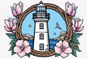 Sailor Jerry tattoo of a light house bordered by magnolia flowers and rope. Behind the light house is a periwinkle blue cancer awareness ribbon tattoo idea