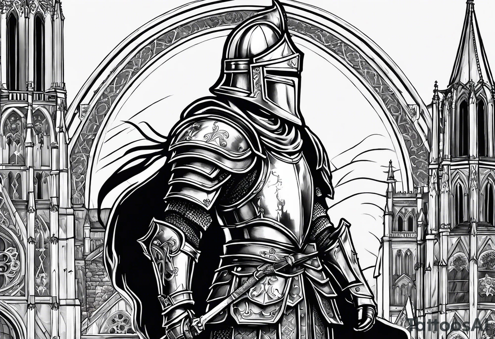 knight with heavy armor with Notre Dame with initials RJL on chest tattoo idea