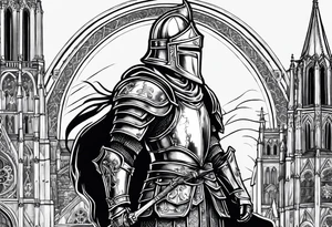 knight with heavy armor with Notre Dame with initials RJL on chest tattoo idea