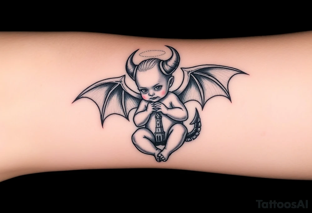 Demon baby with halo and angle wings and clock tower behind him tattoo idea
